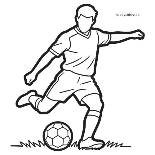 Schwarz-weiße Umrisszeichnung eines Fußballspielers beim Schuss mit angehobenem Bein und Fußball auf dem Rasen.
