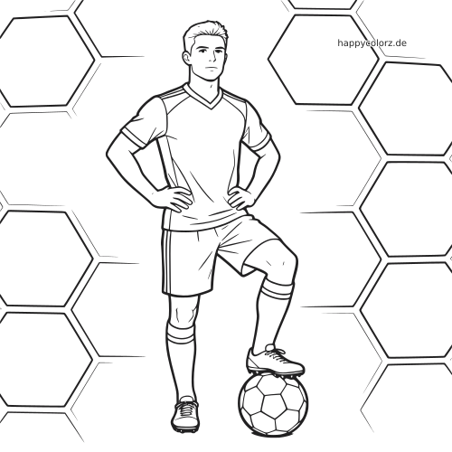 Schwarz-weiße Linienzeichnung eines Fußballspielers in Heldenpose, mit einem Fuß auf dem Ball vor einem Hexagon-Hintergrund.