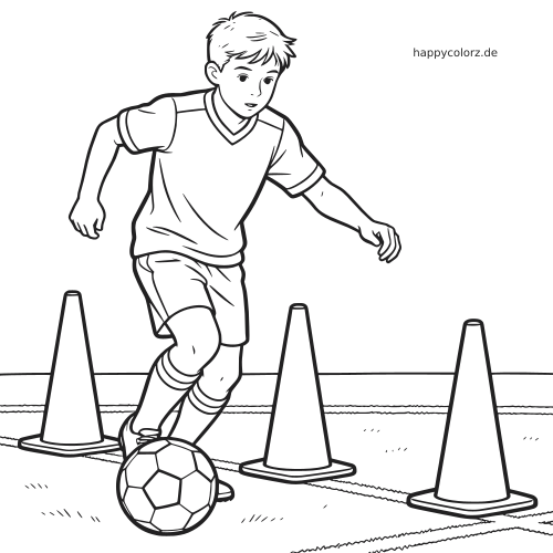 Schwarz-weiße Linienzeichnung eines jungen Fußball-Mittelfeldspielers, der einen Ball durch mehrere Trainingshütchen dribbelt.