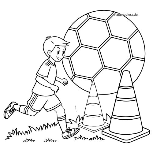 Ein gezeichneter Junge spielt Fußball und dribbelt mit einem großen Ball an zwei Trainingshütchen vorbei.