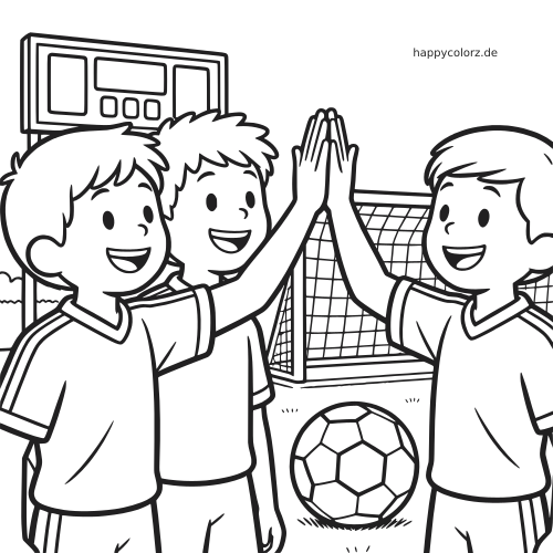 Drei Fußballspieler als Comicfiguren klatschen vor dem Tor ab, während ein Ball und eine Anzeigetafel zu sehen sind.