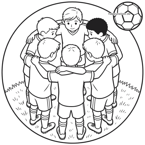 Schwarz-weißes Ausmalbild mit sechs Fußballspielern, die vor dem Anpfiff im Kreis auf dem Rasen zusammenstehen; oben rechts ist ein Ball zu sehen.