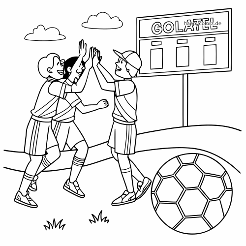 Drei Fußballspieler geben sich nach einem Tor ein High-Five, daneben sind eine Anzeigetafel und ein großer Fußball zu sehen.