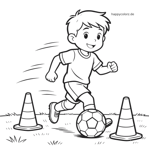 Ein gezeichneter Junge dribbelt einen Fußball zwischen zwei Trainingshütchen in einer einfachen schwarz-weißen Umrisszeichnung.
