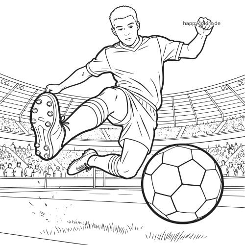 Ein Fußballspieler macht im Stadion einen Fallrückzieher, mit großem Fußball im Vordergrund in einer Nahaufnahme.