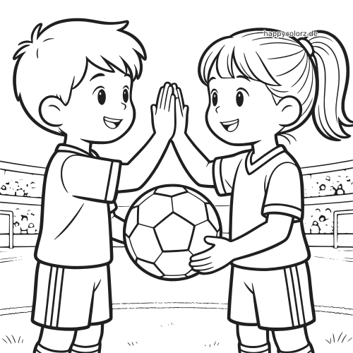 Ein Junge und ein Mädchen in Fußballtrikots geben sich auf dem Spielfeld ein High Five, das Mädchen hält einen Fußball.
