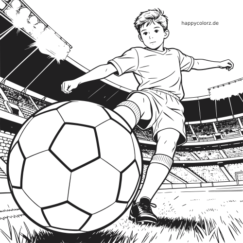 Nahaufnahme eines jungen Fußballstürmers, der in einem Stadion unter hellen Flutlichtern einen großen Ball schießt.