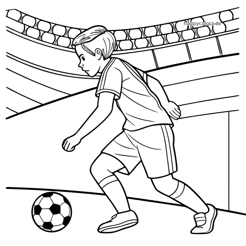 Ein junger Fußballstürmer ist in Seitenansicht im Stadion zu sehen und läuft während eines Nachtspiels auf den Ball zu.