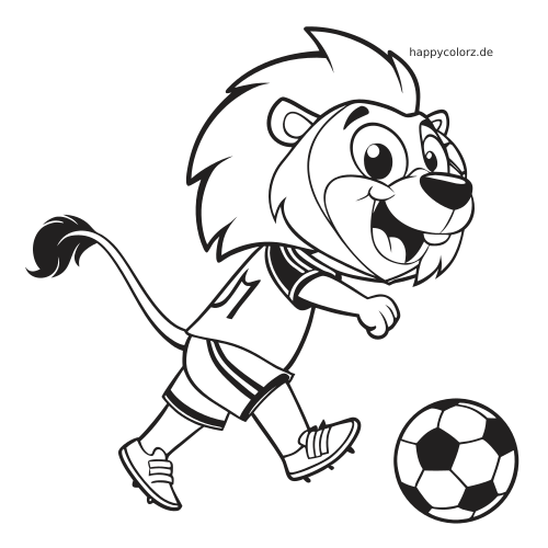 Ein Cartoon-Löwe als Fußball-Maskottchen läuft im Trikot und mit Stollenschuhen neben einem Fußball.