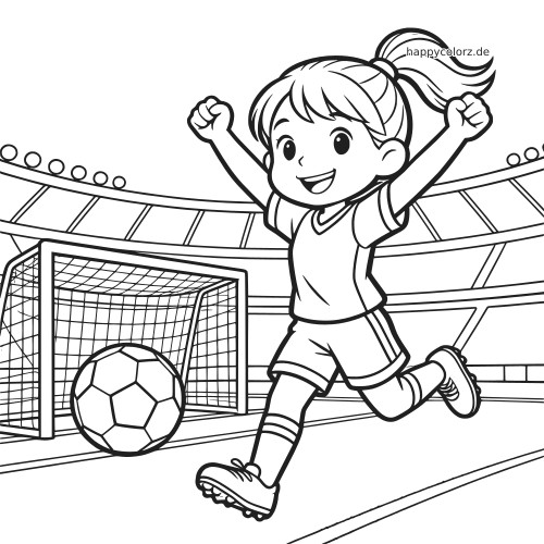 Cartoon-Mädchen als Fußballspielerin jubelt mit erhobenen Armen neben Tor und Ball in einem Stadion.