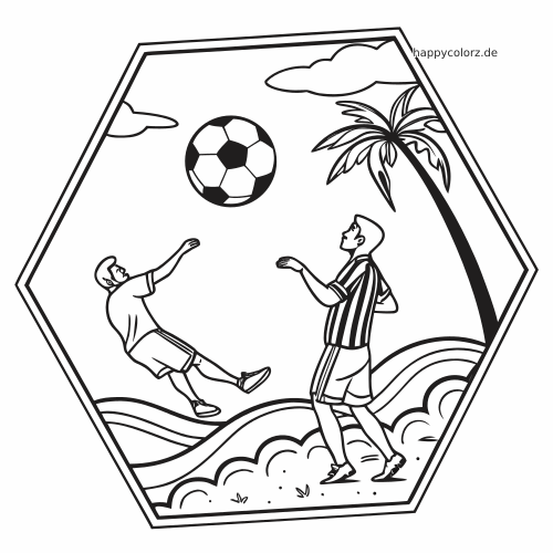 Zwei Fußballspieler am Strand, einer macht einen Fallrückzieher unter einem Ball, daneben eine Palme und Wellen.