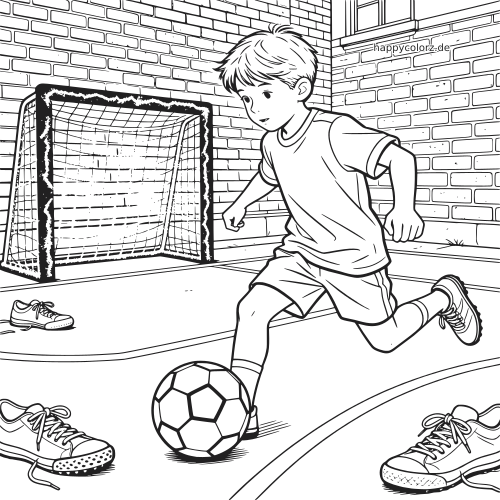 Ein Junge dribbelt einen Fußball auf einem Straßenplatz vor einem Tor, umgeben von Backsteinwänden und abgestellten Schuhen.