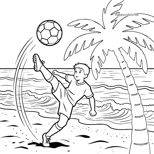 Ein Junge macht beim Beachsoccer am Strand einen Fallrückzieher, mit Fußball, Meereswellen und einer Palme im Hintergrund.