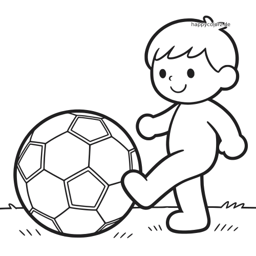Ein einfach gezeichnetes Kind lächelt und schießt auf einer Wiese mit kräftigen Umrissen einen großen Fußball.