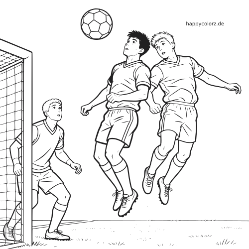 Schwarz-weiße Zeichnung von zwei Fußballspielern beim Kopfballduell vor dem Tor, während der Torwart zum Ball aufschaut.