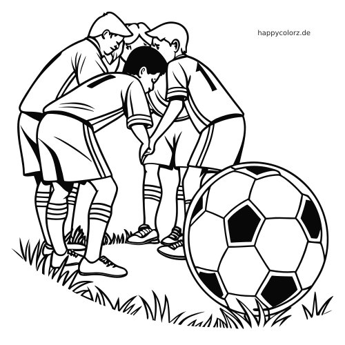 Schwarz-weißes Ausmalbild mit vier Fußballspielern im Mannschaftskreis vor dem Anstoß und einem großen Fußball im Vordergrund.