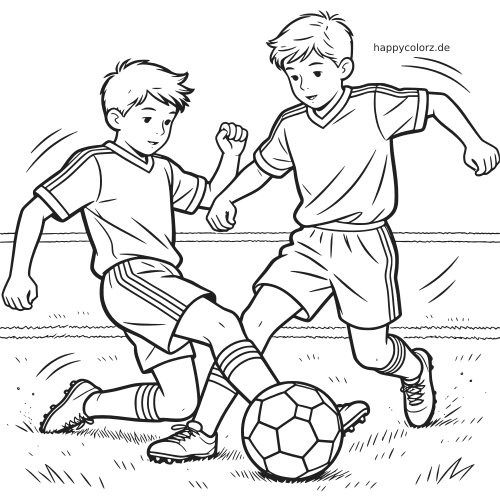 Schwarz-weiße Zeichnung von zwei jungen Fußballspielern auf dem Feld bei einer fairen Grätsche am Ball.