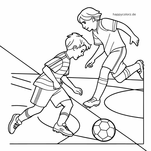 Schwarz-weiße Linienzeichnung von zwei jungen Fußballspielern im Zweikampf am Ball auf dem Spielfeld.