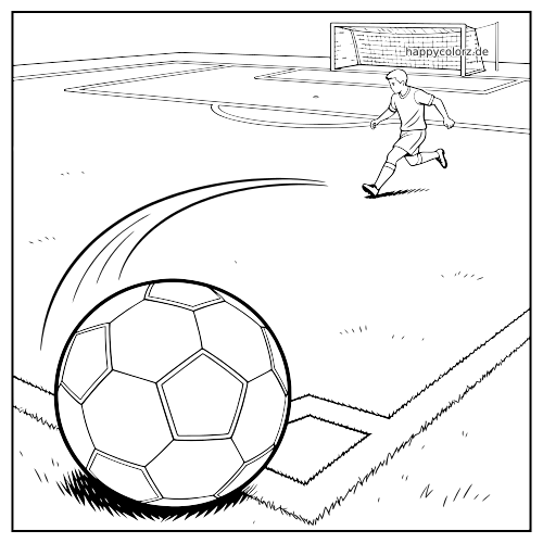 Schwarz-weißes Ausmalbild mit großem Fußball an der Eckfahne und einem Spieler, der zum Eckstoß anläuft.