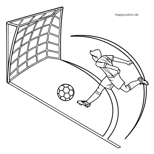 Schwarz-weiße Linienzeichnung eines Fußballspielers beim Eckstoß mit Ball und Tor in einer einfachen Szene nahe dem Strafraum.