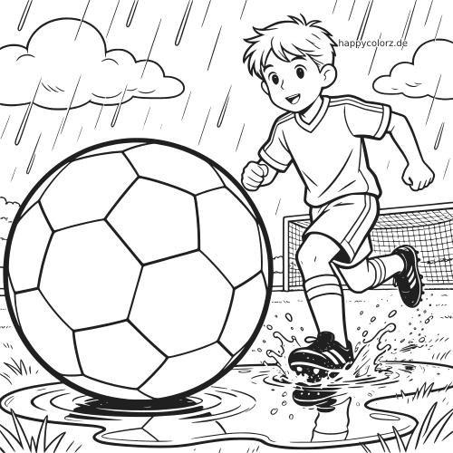 Ein junger Fußballspieler läuft im Regen durch Pfützen, mit großem Fußball im Vordergrund und einem Tor im Hintergrund.