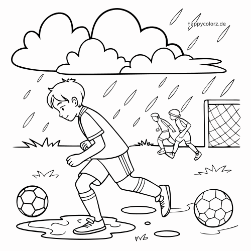 Schwarz-weißes Ausmalbild mit einem Jungen, der beim Fußball im Regen durch Pfützen läuft; im Hintergrund sind Tor und Mitspieler zu sehen.
