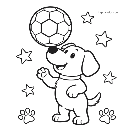 Ein fröhlicher Hund balanciert einen Fußball auf der Nase, umgeben von Sternen und Pfotenabdrücken im einfachen Umrissstil.