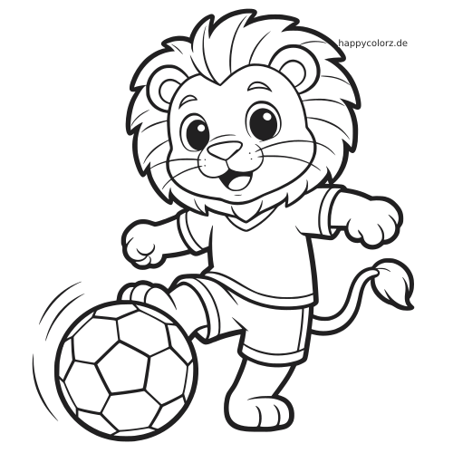 Ein lächelnder Cartoon-Löwe als Fußball-Maskottchen trägt Trikot und Shorts und schießt einen großen Fußball.