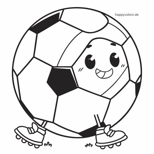 Ein Fußball im Kawaii-Stil mit lächelndem Gesicht, großen Augen und Fußballschuhen als schwarze Umrisszeichnung.