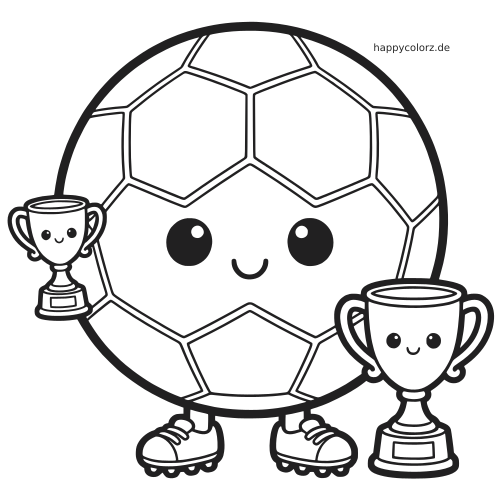 Ein Kawaii-Fußball mit lächelndem Gesicht, Fußballschuhen und zwei Pokalen in einfacher schwarz-weißer Linienzeichnung.