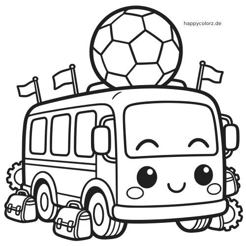 Ein Kawaii-Bus mit lächelndem Gesicht, großem Fußball auf dem Dach, kleinen Fahnen und Rucksäcken in einfachen schwarzen Umrissen.
