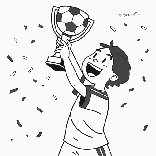 Ein lächelndes Kind im Trikot hebt einen kleinen Fußballpokal mit Ball oben in die Höhe, umgeben von Konfetti.