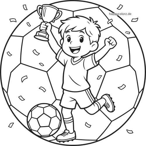 Ein fröhliches Kind im Fußballtrikot hält einen kleinen Siegerpokal hoch. Daneben liegt ein Fußball, Konfetti fliegt im Hintergrund.