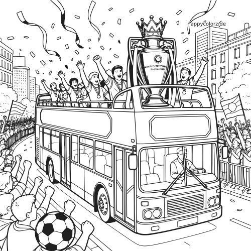 Schwarz-weißes Ausmalbild einer jubelnden Fußballmannschaft auf einem offenen Meisterbus mit großem Pokal, Konfetti und Fans am Straßenrand.