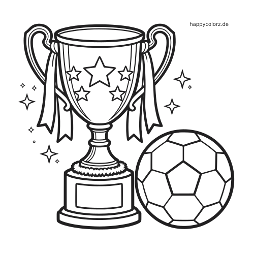 Schwarz-weißes Ausmalbild mit einem großen Fußballpokal mit zwei Henkeln, Schleifen, Sternen und einem Fußball daneben.