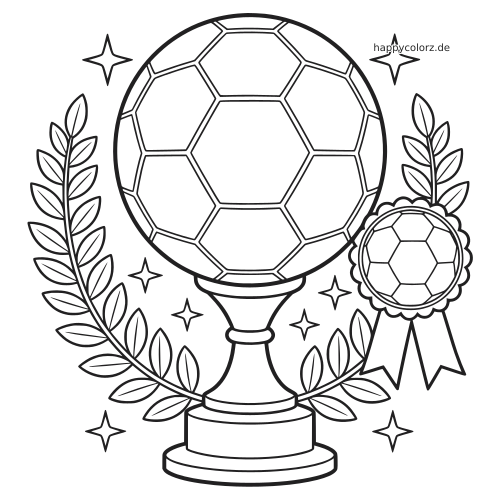 Schwarz-weißer Fußballpokal auf einem Sockel mit Lorbeerzweigen, Sternen und einer Medaille im klaren Umrissstil.