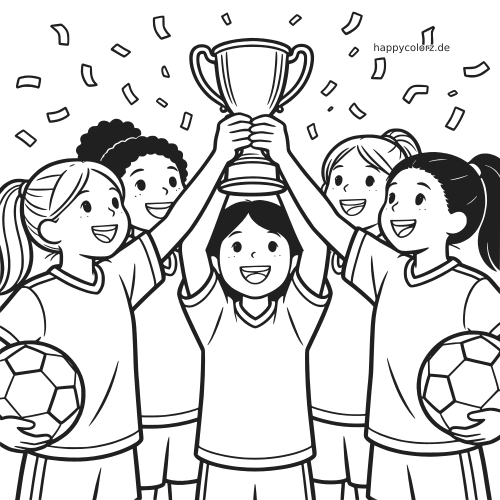 Schwarz-weißes Ausmalbild eines Mädchen-Fußballteams, das gemeinsam einen großen Pokal hochhält, mit Konfetti und Fußbällen.