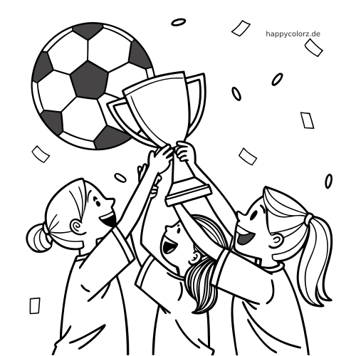 Drei Mädchen in Fußballtrikots heben gemeinsam einen großen Siegerpokal hoch, daneben sind ein Fußball und Konfetti zu sehen.