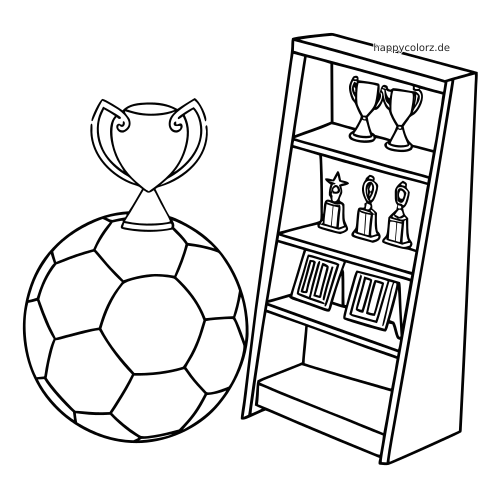 Ein schwarz-weißes Ausmalbild mit einem großen Fußballpokal und einem Regal mit Pokalen, kleinen Trophäen und Plaketten.