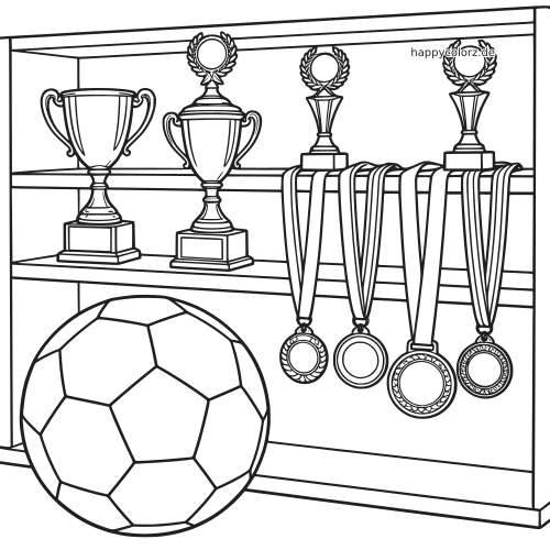 Schwarz-weißes Ausmalbild eines Regals mit mehreren Pokalen, hängenden Medaillen und einem Fußball davor.