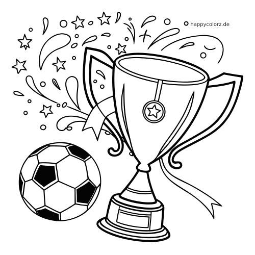 Schwarz-weißes Ausmalbild mit einem großen Siegerpokal, einer Sternmedaille, einem Fußball, Schleifenband und Konfetti.