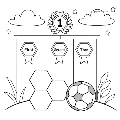 Schwarz-weißes Fußball-Siegerpodest mit Medaillen für ersten, zweiten und dritten Platz, einer Eins-Rosette und einem Ball.