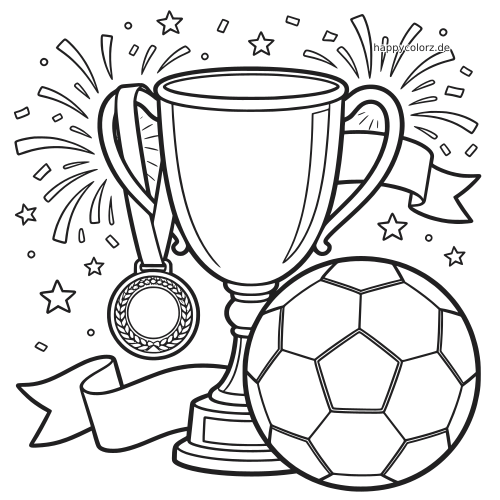 Schwarz-weißes Fußballmotiv mit großem Siegerpokal, Medaille, Fußball, Bändern, Sternen und Feuerwerk im Hintergrund.