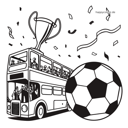 Schwarz-weißes Ausmalbild mit einem Fußballteam auf einem Doppeldeckerbus, großem Pokal, Konfetti und Fußball.