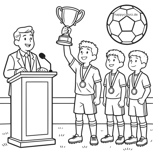 Schwarz-weißes Ausmalbild einer Fußball-Siegerehrung mit einem Sprecher am Rednerpult und drei Spielern mit Medaillen, einer hält einen Pokal hoch.