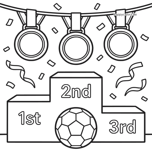 Schwarz-weißes Fußball-Siegerpodest mit den Plätzen 1, 2 und 3, drei Medaillen darüber, Konfetti und einem Ball vorne.