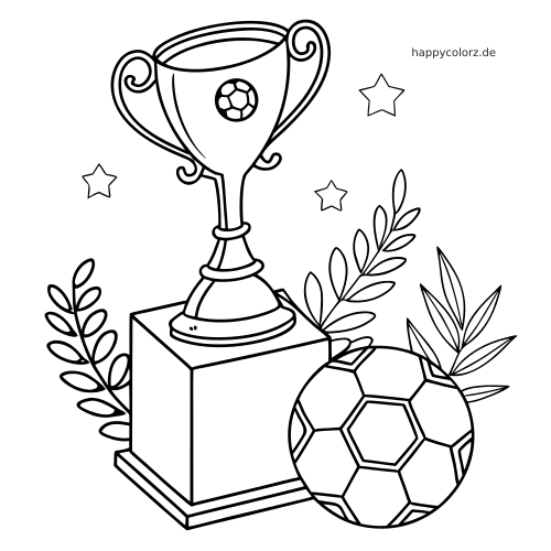 Schwarz-weißes Ausmalbild mit einem Fußballpokal auf einem Podest, einem großen Ball davor, Lorbeerzweigen und Sternen.