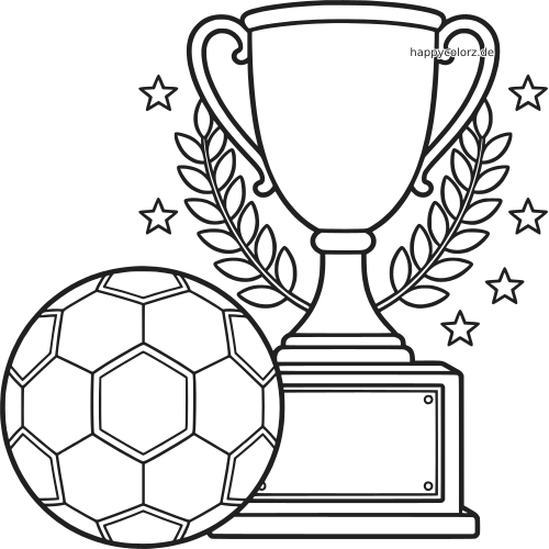Ein großer Fußballpokal mit Sockel, Lorbeerzweigen und Sternen, davor ein Fußball in einfacher Umrisszeichnung.