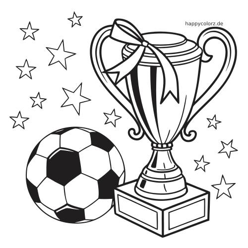 Ein großer Fußballpokal mit zwei Henkeln und Schleife auf einem Sockel, daneben ein Fußball und mehrere Sterne.