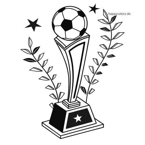 Schwarz-weißer Fußballpokal mit einem Fußball obenauf, Lorbeerzweigen an den Seiten und Sternen im Hintergrund.